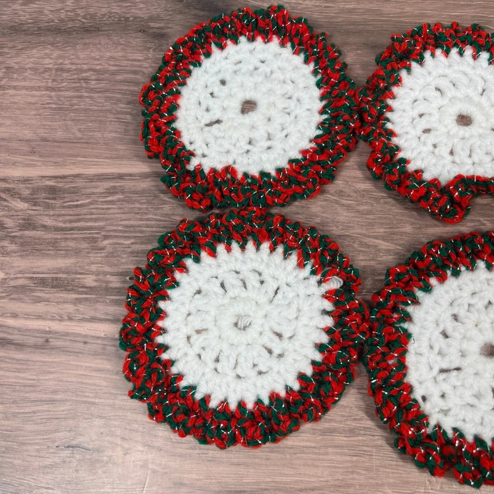 Handmade Crochet Knit Coasters‎ Red Green White Christmas Holidays Set of 7